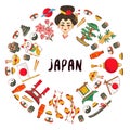 Japan doodle symbols round frame